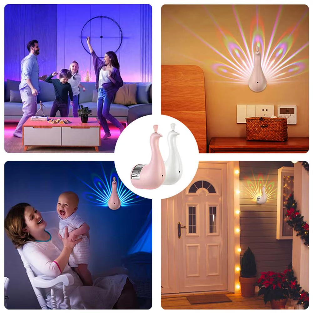 New LED Projector Night Light Remote Control Peacock Projection Wall Lamp USB Charging Colorful Nightlight Gifts Home Room Decor