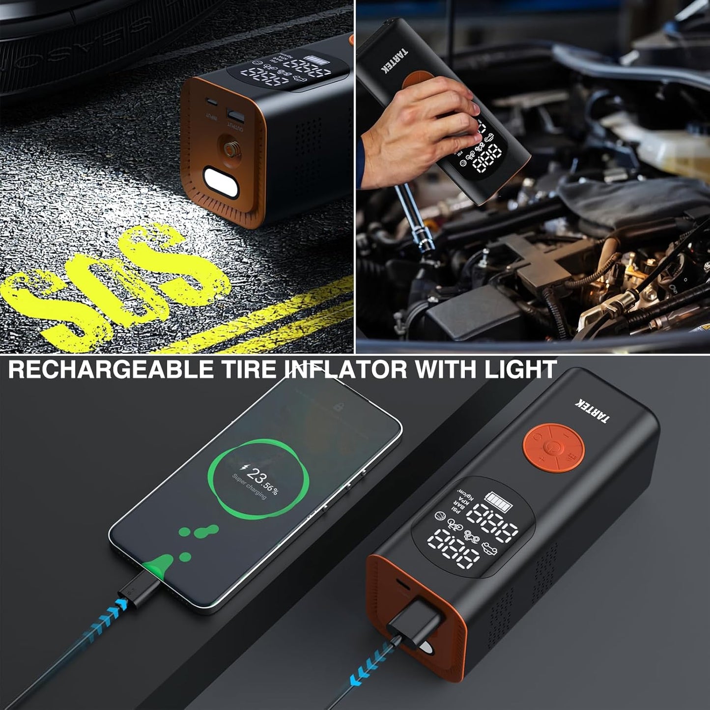 Tire Inflator Portable Air Compressor, 3X Faster Inflation, Auto Air Pump for Car Tires, 160PSI Cordless Tire Inflator with Digital Screen and Carrying Case for Car, Motorcycle, Bike, Black