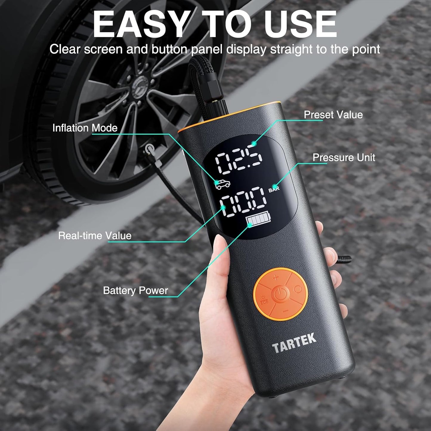 Tire Inflator Portable Air Compressor, 3X Faster Inflation, Auto Air Pump for Car Tires, 160PSI Cordless Tire Inflator with Digital Screen and Carrying Case for Car, Motorcycle, Bike, Black