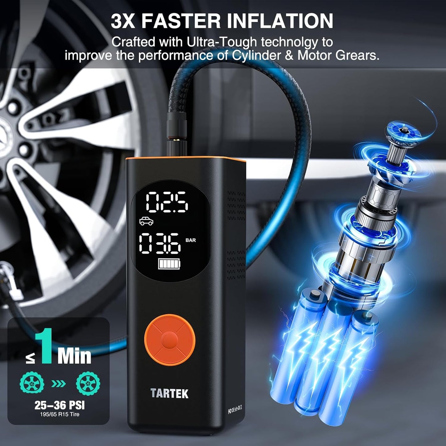 Tire Inflator Portable Air Compressor, 3X Faster Inflation, Auto Air Pump for Car Tires, 160PSI Cordless Tire Inflator with Digital Screen and Carrying Case for Car, Motorcycle, Bike, Black
