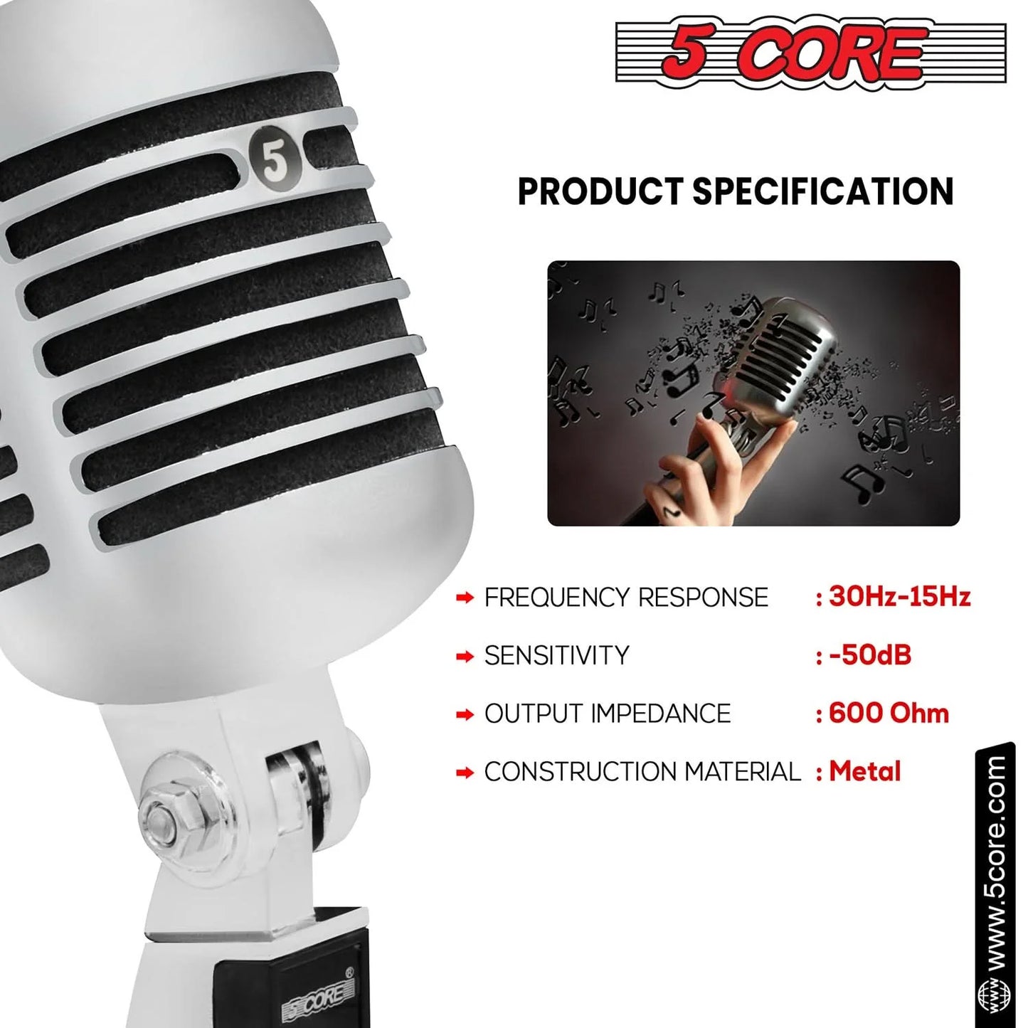 5Core Vintage Microphone Classic Dynamic Professional XLR Studio Retro Style Mic BLACK