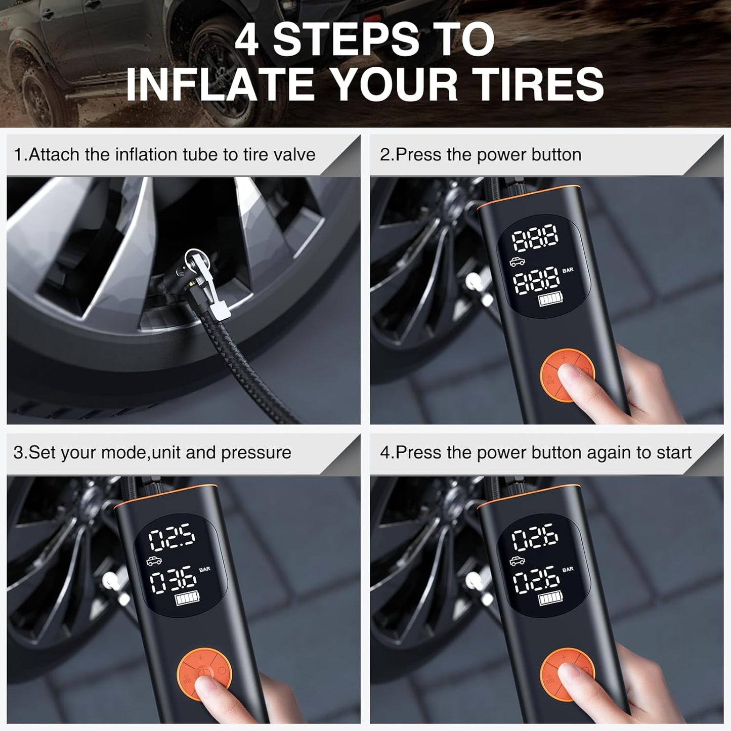 Tire Inflator Portable Air Compressor, 3X Faster Inflation, Auto Air Pump for Car Tires, 160PSI Cordless Tire Inflator with Digital Screen and Carrying Case for Car, Motorcycle, Bike, Black