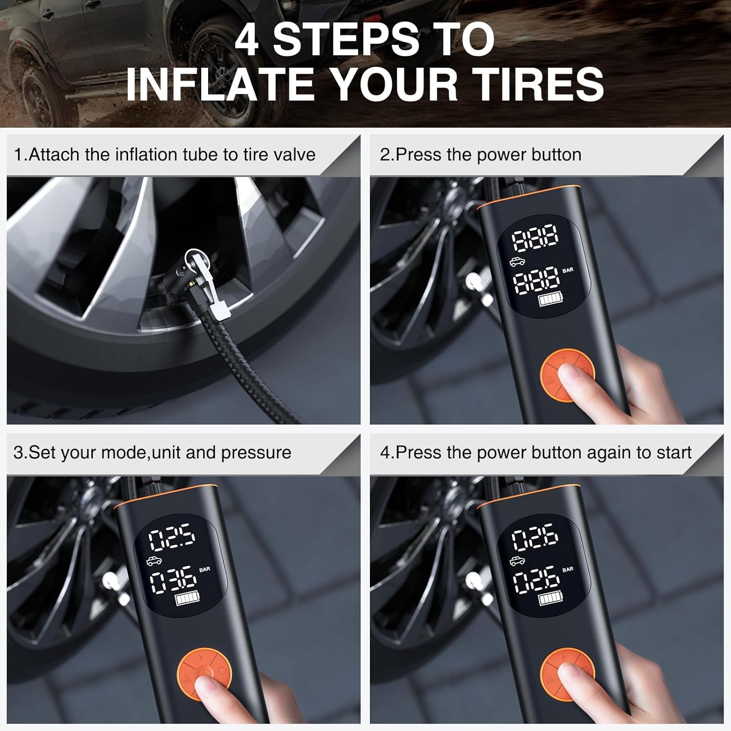Tire Inflator Portable Air Compressor, 3X Faster Inflation, Auto Air Pump for Car Tires, 160PSI Cordless Tire Inflator with Digital Screen and Carrying Case for Car, Motorcycle, Bike, Black