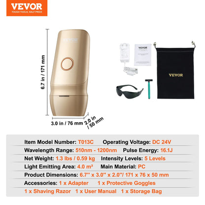 VEVOR IPL Hair Removal, Permanent Hair Removal with Ice Cooling System for Women Men, Auto/Manual Modes & 5 Levels, Painless At-Home Hair Removal Device for Legs, Arms, Armpits, Bikini Line