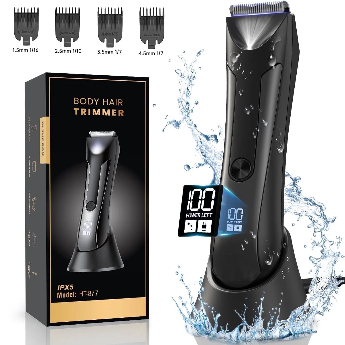 Electric Body Trimmer, Men'S Groin Hair Trimmer IPX5 Waterproof Wet/Dry Use Razor, Ceramic Blade Ball Shaver Clipper Body Grooming Kit with LCD Baterry Display, USB Recharge Dock & LED Light