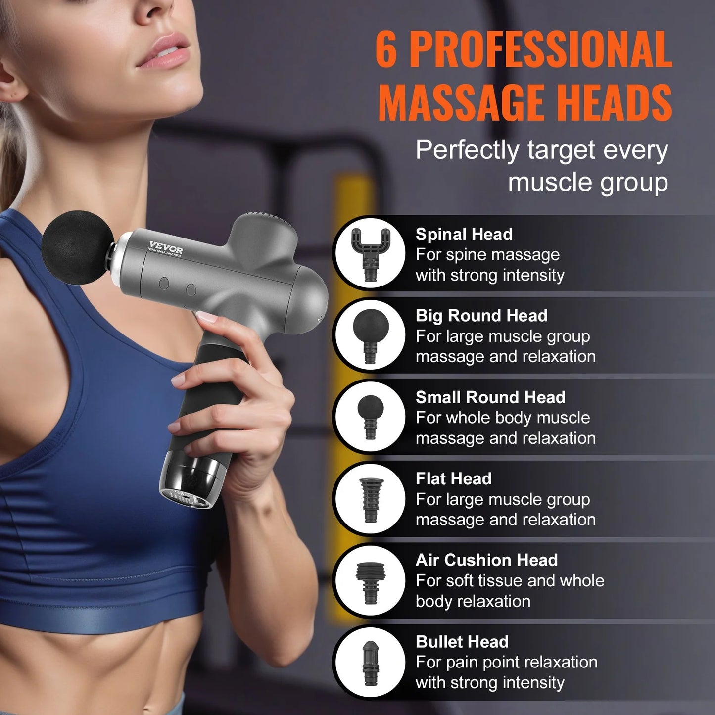 VEVOR Massage Gun Deep Tissue, Muscle Percussion Massage Gun for Athletes, Handheld Massage Gun for Pain Relief, Muscle Relaxation - with 8 Speed Levels & 6 Massage Heads, 24V 2500Mah